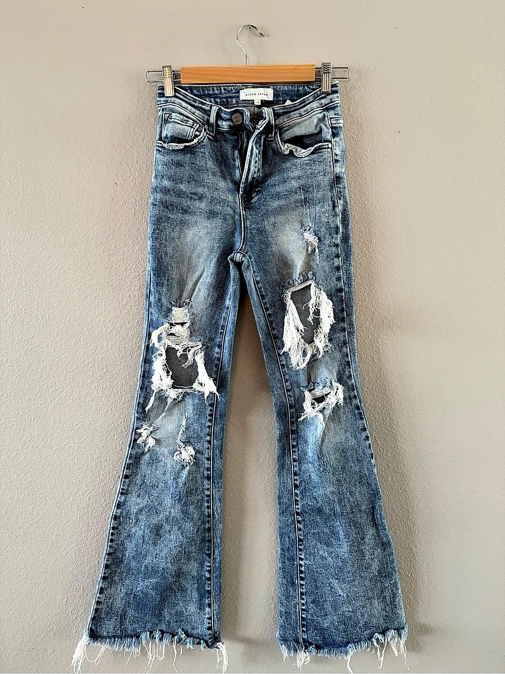 Risen Distressed Flare Jeans in Blue